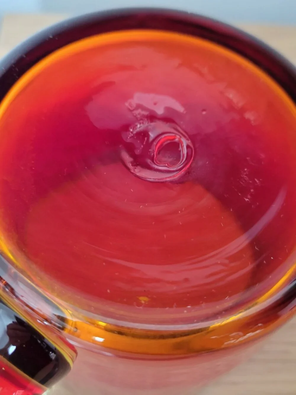 Blenko Art hand-blown AMBERINA Tangerine Mug Cup Applied Handles 4.25